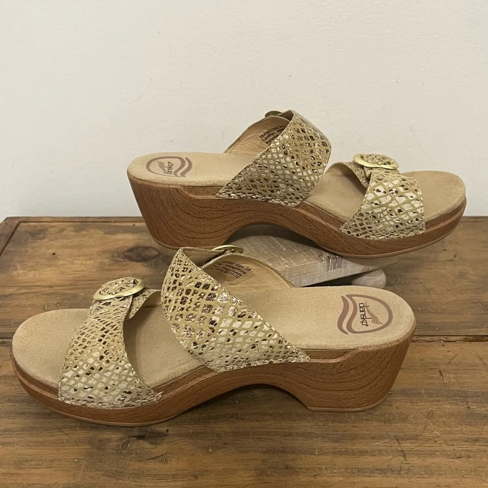 Dansko Snake Print Leather Two Strap Sandals Neutral Matte Gold Metal Buckles